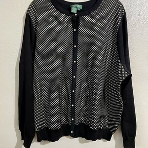 Lauren Ralph Lauren 2X Black Polka Dot Silk Cashmere Cardigan Layering Classic